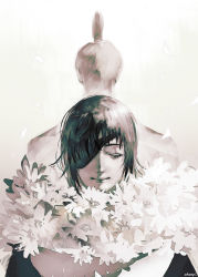 Rule 34 | 1boy, 1girl, absurdres, artist name, back-to-back, black hair, bouquet, chainsaw man, champi, eyepatch, facing viewer, flower, formal, greyscale, hayakawa aki, height difference, highres, himeno (chainsaw man), holding, holding bouquet, looking away, monochrome, short hair, simple background, smile, suit, topknot, white background, white theme