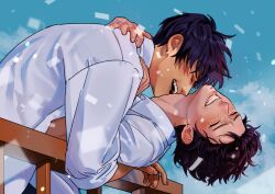 Rule 34 | 2boys, ^ ^, black hair, blush, closed eyes, collared shirt, day, earrings, grin, highres, hug, jewelry, male focus, mole, mole under eye, multiple boys, nicholas d. wolfwood, open mouth, outdoors, profile, shirt, short hair, single earring, sleeves rolled up, smile, tearing up, teeth, trigun, va shuuuu 00, vash the stampede, white shirt, yaoi