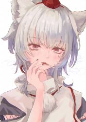 Rule 34 | 1girl, animal ears, cigarette, commentary request, fang, hair between eyes, hand to own mouth, highres, inubashiri momiji, japanese clothes, mouth hold, parted lips, red eyes, short hair, simple background, smoke, smoking, solo, touhou, upper body, white background, white hair, wolf ears, wolf girl, yamabuki (yamabuki xxxxx)