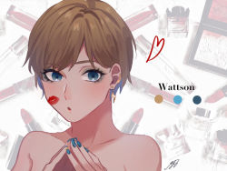 Rule 34 | 1girl, :o, animification, apex legends, bare shoulders, blonde hair, blue eyes, blue eyeshadow, blue hair, blue nails, blush, character name, collarbone, color guide, colored inner hair, earrings, eyeshadow, hair behind ear, heart, iyo (nanaka-0521), lightning bolt earrings, lightning bolt symbol, lipstick mark, makeup, multicolored hair, nail polish, open mouth, own hands together, short hair, signature, solo, upper body, wattson (apex legends)