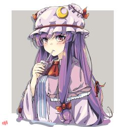 Rule 34 | 1girl, blush, border, bow, crescent, crescent hat ornament, dress, drink, drinking, drinking straw, hair bow, hat, hat ornament, highres, holding, holding drink, juice box, long hair, mob cap, multiple hair bows, patchouli knowledge, purple eyes, purple hair, solo, striped clothes, striped dress, touhou, vertical-striped clothes, vertical-striped dress, very long hair, white border, woruta (soloistlist)