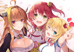Rule 34 | 3girls, ahoge, akai haato, akai haato (1st costume), akanebi, bell, blonde hair, blue eyes, bow, breasts, cleavage, diagonal-striped bow, green eyes, hair bell, hair between eyes, hair ornament, hairclip, heart, hololive, horns, kiryu coco, kiryu coco (1st costume), large breasts, long hair, looking at viewer, multiple girls, nail polish, open mouth, orange hair, pink hair, pointy ears, red nails, sakura miko, sakura miko (1st costume), teeth, upper teeth only, virtual youtuber, w, x hair ornament