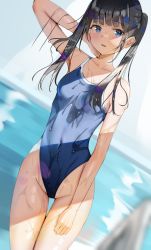 Rule 34 | 1girl, arm at side, arm up, black hair, blue eyes, blue one-piece swimsuit, blunt bangs, breasts, collarbone, commentary request, competition swimsuit, covered navel, dutch angle, groin, highleg, highres, long hair, one-piece swimsuit, open mouth, original, pool, pool ladder, sakura yuu (hzjy8485), school swimsuit, school uniform, small breasts, solo, spread legs, swimsuit, thigh gap, thighs, twintails, wet