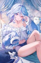 Rule 34 | 1girl, absurdres, bare shoulders, black nails, blue eyes, blue hair, blue nails, blue sky, blush, breasts, cat, cleavage, collarbone, cowboy shot, curtains, dasha, furina (genshin impact), genshin impact, hair between eyes, hair ornament, hairclip, highres, holding, holding pillow, indoors, legs, light blue hair, long hair, looking at viewer, multicolored hair, nail polish, navel, neuvillette (genshin impact), on bed, one eye closed, pillow, sidelocks, sitting, sky, small breasts, solo, stomach, streaked hair, tears, two-tone hair