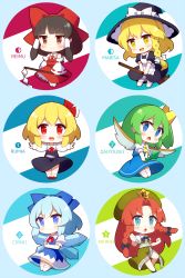 Rule 34 | 6+girls, 60mai, aqua eyes, black dress, blonde hair, blue eyes, blue hair, blunt bangs, blush, bow, broom, brown eyes, brown hair, character name, cirno, clenched hands, closed mouth, commentary request, daiyousei, detached sleeves, dress, embodiment of scarlet devil, fang, green hair, hair bow, hakurei reimu, hands up, hat, holding, hong meiling, kirisame marisa, long hair, long sleeves, multiple girls, open mouth, orange hair, purple eyes, red dress, red eyes, rumia, short sleeves, smile, tongue, touhou, v-shaped eyebrows, yellow eyes