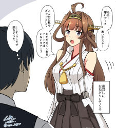 Rule 34 | 1boy, 1girl, admiral (kancolle), ahoge, black skirt, brown hair, commentary request, cowboy shot, detached sleeves, double bun, hair bun, hairband, headgear, japanese clothes, kantai collection, kongou (kancolle), kongou kai ni (kancolle), long hair, popped collar, ribbon-trimmed sleeves, ribbon trim, shigure ryuunosuke, signature, skirt, solo focus, translation request, twitter username, white background