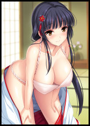 Rule 34 | 1girl, ass, bare shoulders, black hair, blunt bangs, blush, bra, breasts, brown eyes, cleavage, collarbone, comic penguin club, commentary request, covered erect nipples, cygnus (cygnus7), fundoshi, hair ornament, highres, indoors, japanese clothes, large breasts, looking at viewer, md5 mismatch, miko, mole, mole under eye, panties, resolution mismatch, smile, solo, source smaller, tattoo, underwear