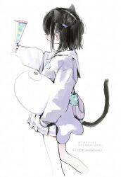 Rule 34 | 1girl, animal ears, bag, black hair, blush, borrowed character, cat ears, cat girl, cat tail, charm (object), child, feet out of frame, fish hair ornament, food, from side, hair ornament, highres, holding, holding food, holding ice cream, holding stuffed toy, honnryou hanaru, ice cream, original, pleated skirt, sailor collar, shipi-chan, short hair, shoulder bag, simple background, sketch, skirt, sleeves past wrists, solo, stuffed animal, stuffed fish, stuffed toy, tail, white background