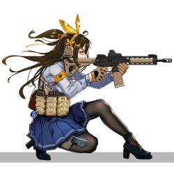 Rule 34 | 1girl, ahoge, aiming, armband, assault rifle, black footwear, black hair, black pantyhose, blue skirt, breasts, brown gloves, choudan, closed mouth, from side, full body, girls&#039; frontline, gloves, gun, hair ribbon, hairband, highres, holding, holding gun, holding weapon, holster, loafers, long hair, long sleeves, m16, m16a1 (girls&#039; frontline), medium breasts, on one knee, one side up, pantyhose, partially fingerless gloves, pleated skirt, profile, ribbon, rifle, shirt, shoes, simple background, skirt, solo, tape, thigh holster, trigger discipline, tsurime, walkie-talkie, weapon, white background, white shirt, yellow eyes, yellow hairband, yellow ribbon