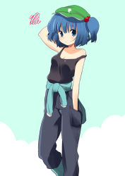 Rule 34 | 1girl, arm behind head, arm up, bare shoulders, blue eyes, blue hair, boots, casual, clothes around waist, contemporary, denim, face, female focus, hair bobbles, hair ornament, hand in own hair, hand in pocket, hat, ica, jacket, jacket around waist, jeans, kawashiro nitori, matching hair/eyes, pants, short hair, solo, squiggle, strap slip, tank top, touhou, twintails, two side up