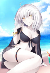 Rule 34 | 1girl, adapted costume, ahoge, bangle, beach, bikini, black bikini, blue sky, blush, bracelet, breasts, cleavage, closed mouth, cloud, cloudy sky, cup, day, drinking glass, drinking straw, fate/grand order, fate (series), jeanne d&#039;arc (fate), jeanne d&#039;arc alter (avenger) (fate), jeanne d&#039;arc alter (fate), jewelry, kanpyou (hghgkenfany), looking at viewer, mat, medium breasts, ocean, outdoors, pale skin, short hair, silver hair, sitting, sky, solo, swimsuit, yellow eyes, yokozuwari