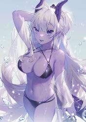 Rule 34 | 1girl, :p, ahoge, arm up, bare shoulders, bikini, black bikini, black footwear, breasts, cleavage, collarbone, colored skin, cowboy shot, fangs, gradient background, grey background, halterneck, highres, holding, holding clothes, holding footwear, horns, large breasts, long hair, looking at viewer, navel, o-ring, o-ring bikini, o-ring top, off shoulder, original, parted lips, pointy ears, purple eyes, purple skin, see-through, silver hair, stomach, string bikini, swimsuit, tail, tongue, tongue out, very long hair, water drop, wenz, wet
