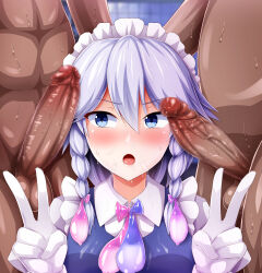 Rule 34 | 1girl, 2boys, blue eyes, blue vest, blush, braid, collared shirt, commentary request, condom, cum, cum on clothes, dark-skinned male, dark skin, double v, erection, gloves, grey hair, highres, izayoi sakuya, looking to the side, maid headdress, monaka (gatinemiku), multiple boys, open mouth, penis, saliva, shirt, short hair, surprised, sweat, testicles, toilet, touhou, twin braids, used condom, v, v-shaped eyebrows, vest, white gloves, white shirt