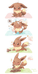 Rule 34 | 1other, 4koma, :d, blush, bright pupils, brown eyes, comic, commentary request, creatures (company), dirty, disembodied hand, eevee, foam, game freak, gen 1 pokemon, grass, highres, motion lines, mud, mugita konomi, musical note, nintendo, open mouth, pokemon, pokemon (creature), puddle, signature, smile, sparkle, squiggle, thought bubble, tongue, white pupils