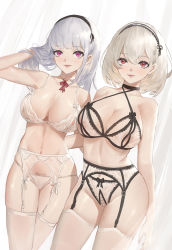 Rule 34 | 2girls, arm behind back, arm up, azur lane, bad id, bad pixiv id, bare arms, black bow, blunt bangs, bow, bow bra, bow panties, bra, breasts, cirilla lin, cleavage, collarbone, crotchless, crotchless panties, curtains, dido (azur lane), female pubic hair, garter belt, garter straps, gem, halterneck, hand in own hair, headdress, highres, jewelry, lace, large breasts, light blush, locked arms, long hair, looking at viewer, medium hair, multiple girls, necklace, nippleless clothes, nipples, panties, pearl (gemstone), pearl thong, pubic hair, purple eyes, red eyes, revision, sirius (azur lane), sleeveless, smile, thick thighs, thighhighs, thighs, two-tone bra, two-tone panties, underwear, underwear only, white bow, white bra, white hair, white legwear