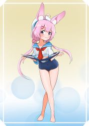 Rule 34 | 1girl, ahoge, animal ear fluff, animal ears, barefoot, clothes pull, covered navel, crop top, crossed legs, eyebrows, full body, hair ornament, hairclip, hat, highres, legs, long hair, low twintails, off shoulder, one-piece swimsuit, one-piece swimsuit pull, pink eyes, pink hair, pulling own clothes, rabbit ears, school swimsuit, school uniform, serafuku, shirt, smile, solo, swimsuit, tomari mari, tomari mari channel, twintails, undressing, virtual youtuber, white hat, white shirt
