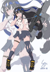 Rule 34 | assault rifle, asymmetrical legwear, bandage over one eye, bandages, black footwear, black hair, blue headband, brown eyes, collared shirt, commentary request, dated, dress shirt, full body, grenade launcher, grey skirt, grey socks, grey thighhighs, gun, hatsushimo (kancolle), headband, kantai collection, ld (luna dial398), long hair, low-tied long hair, partial commentary, pleated skirt, rifle, school uniform, shirt, shoes, short sleeves, signature, single thighhigh, skirt, sneakers, socks, thighhighs, torn clothes, trigger discipline, uneven legwear, weapon, white shirt, zoom layer