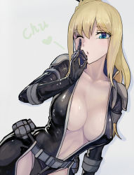 Rule 34 | 10s, 1girl, belt, blonde hair, blowing kiss, blue eyes, bodysuit, breasts, cleavage, collarbone, covered erect nipples, fellatio gesture, heart, kiss, large breasts, long hair, looking at viewer, nancy lee, ninja slayer, no bra, one eye closed, open bodysuit, open clothes, sexually suggestive, solo, walzrj