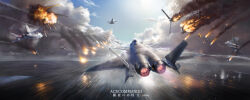 Rule 34 | absurdres, ace combat, aerial battle, aircraft, airplane, battle, blue sky, cloud, f-16 fighting falcon, fighter jet, fire, flares (countermeasure), highres, jeffholy, jet, lens flare, military vehicle, ocean, sky, smoke, speed lines, vehicle focus, watermark, xfa-27
