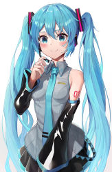 Rule 34 | 1girl, bad id, bad pixiv id, bib (bibboss39), black skirt, blue eyes, blue hair, blush, closed mouth, detached sleeves, gradient background, grey background, hatsune miku, highres, long hair, looking at viewer, skirt, smile, solo, twintails, vocaloid, white background