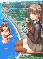 Rule 34 | 10s, 1girl, :d, beach, bikini, blue eyes, blush, breasts, brown hair, brown skirt, brown thighhighs, chibi, chopsticks, commentary request, day, eating, food, forest, giant, giantess, hair ornament, huge giantess, ichikawa feesu, kantai collection, kneeling, kumano (kancolle), landscape, looking at viewer, map, mountain, multiple persona, name connection, nature, necktie, ocean, open mouth, outdoors, partially submerged, partially translated, ponytail, red bikini, ship, sitting, skirt, smile, standing, swimsuit, thighhighs, translation request, turret, turtle, water, watercraft, zettai ryouiki