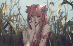 Rule 34 | 1girl, absurdres, ahri (league of legends), animal ears, bare shoulders, blurry, blurry background, breasts, brown eyes, bug, butterfly, character request, collarbone, flower, fox tail, hair flower, hair ornament, hand on own face, hand up, highres, horns, insect, league of legends, long hair, looking at viewer, lyn e, nail polish, smile, solo, tail, tattoo, vastaya