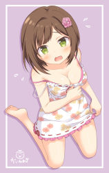 Rule 34 | 10s, 1girl, bare legs, barefoot, blunt bangs, blush, breasts, brown hair, cleavage, commentary request, dress, embarrassed, fang, floral print, flower, flying sweatdrops, frilled dress, frills, green eyes, hair flower, hair ornament, idolmaster, idolmaster cinderella girls, kaiware-san, kneeling, looking at viewer, looking up, maekawa miku, medium breasts, open mouth, pink background, raised eyebrows, red ribbon, ribbon, ribbon-trimmed dress, rose print, short hair, signature, simple background, sleeveless, sleeveless dress, solo, strap slip, sundress, tareme