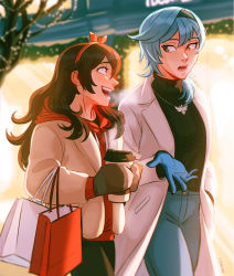 Rule 34 | 2girls, amber (genshin impact), bag, blue hair, blurry, blurry background, brown eyes, brown hair, chalseu, coat, coffee, commentary, contemporary, cowboy shot, denim, english commentary, eula (genshin impact), genshin impact, gloves, happy, headband, height difference, highres, jeans, jewelry, long hair, looking at another, mittens, multiple girls, necklace, open mouth, pale skin, pants, shopping bag, talking, turtleneck, winter clothes, winter coat