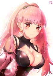 Rule 34 | 1girl, artist name, breasts, chinchongcha, cleavage, closed mouth, earrings, fire emblem, fire emblem: three houses, highres, hilda valentine goneril, jewelry, large breasts, long hair, nintendo, pink eyes, pink hair, ponytail, smile, solo, upper body