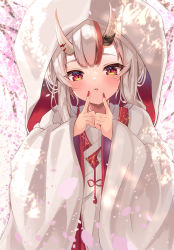 Rule 34 | 1girl, absurdres, blush, highres, hololive, hood, hood up, horns, index fingers raised, japanese clothes, kimono, long hair, long sleeves, maikro, multicolored hair, nail polish, nakiri ayame, parted lips, petals, red eyes, red hair, red nails, skin-covered horns, solo, streaked hair, uchikake, upper body, virtual youtuber, white hair, white kimono, wide sleeves