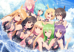 Rule 34 | 6+girls, :d, akagi iruka, bare shoulders, black choker, black hair, black one-piece swimsuit, blonde hair, blue hair, blue sky, blush, breasts, choker, cleavage, cleavage cutout, closed eyes, clothing cutout, commentary request, day, fate/grand order, fate (series), geirskogul (fate), green hair, hand on another&#039;s shoulder, head wings, highres, hildr (fate), hildr (swimsuit assassin) (fate), large breasts, light blue hair, long hair, looking at viewer, multiple girls, ocean, olrun (fate), one-piece swimsuit, one eye closed, open mouth, ortlinde (fate), ortlinde (swimsuit assassin) (fate), outdoors, partially submerged, pink hair, purple hair, red eyes, rindr (fate), short hair, sky, smile, sparkle, swimsuit, thrud (fate), thrud (swimsuit assassin) (fate), upper body, v, valkyrie (fate), water, wings