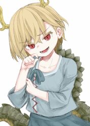 Rule 34 | 1girl, aqua shirt, blonde hair, collarbone, dragon horns, dragon tail, green skirt, horns, kicchou yachie, long sleeves, looking at viewer, open mouth, red eyes, shirt, short hair, simple background, skirt, smirk, solo, tail, touhou, turtle shell, upper body, white background, yellow horns, zetsumame