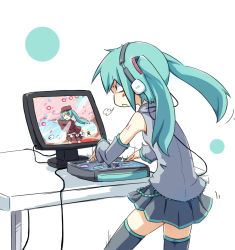Rule 34 | 1girl, :&lt;, controller, detached sleeves, game controller, green hair, hatsune miku, headphones, highres, kirimochi, monitor, playing games, project diva (series), project diva f, senbon-zakura (vocaloid), skirt, solo, table, thighhighs, twintails, vocaloid