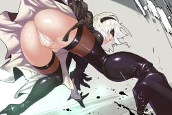 Rule 34 | 1girl, ass, bad feet, bent over, black dress, black footwear, black thighhighs, blindfold, boots, dress, feather-trimmed sleeves, from behind, from below, gloves, groin, hairband, headband, high heel boots, high heels, leotard, nier (series), nier:automata, partially visible anus, partially visible vulva, short dress, short hair, skirt, solo, thigh boots, thighhighs, thighs, tomoyuki kotani, white hair, 2b (nier:automata)