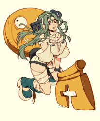 Rule 34 | 1girl, a.b.a, bags under eyes, bandaged chest, bandaged neck, bandages, blood, bloody bandages, fingerless gloves, gloves, green hair, guilty gear, guilty gear strive, headband, highres, key, key in head, long hair, looking at viewer, object through head, oxcoxa, pale skin, paracelsus (guilty gear), smile, stitched mouth, stitches, white headband