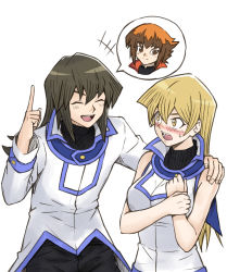 Rule 34 | 1boy, 1girl, :d, black pants, blonde hair, blush, brother and sister, brown eyes, brown hair, closed eyes, duel academy uniform (yu-gi-oh! gx), hand on another&#039;s shoulder, index finger raised, long hair, looking at another, multicolored hair, open mouth, pants, rourou ill, shirt, siblings, simple background, sketch, sleeveless, sleeveless shirt, smile, standing, straight hair, tenjouin asuka, tenjouin fubuki, two-tone hair, upper body, very long hair, white background, white shirt, yellow eyes, yu-gi-oh!, yu-gi-oh! gx, yuki judai
