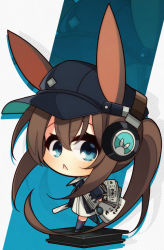Rule 34 | 1girl, 7:08, absurdres, alternate costume, amiya (arknights), animal ears, arknights, bag, baseball cap, blue background, blue eyes, boots, brown hair, chibi, hat, headphones, headphones over headwear, highres, holding, holding bag, long hair, long sleeves, looking at viewer, magazine (object), open mouth, rabbit ears, socks, solo, stand, triangle mouth, white background