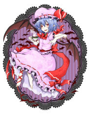 Rule 34 | 1girl, barefoot, bat (animal), bat wings, blue eyes, blue hair, border, bow, cup, fangs, female focus, h sakray, hat, highres, lace, lace border, matching hair/eyes, ornate border, pointy ears, red eyes, remilia scarlet, sakurai haruto, short hair, solo, steam, striped, striped background, tea, teacup, touhou, transformation, wings