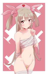 Rule 34 | 1girl, absurdres, bandaged arm, bandaged leg, bandages, bandaid, bandaid on pussy, bare shoulders, blonde hair, blush, chest sarashi, closed mouth, collarbone, cowboy shot, groin, hair ornament, hat, highres, light brown hair, long hair, looking at viewer, naruse mai, natori sana, navel, nurse cap, pink background, pink hat, red eyes, sana channel, sarashi, simple background, smile, solo, syringe, thighhighs, two side up, virtual youtuber, white background