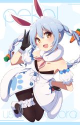 Rule 34 | 1girl, absurdres, animal ear fluff, animal ears, arm up, bare shoulders, black gloves, black leotard, blue hair, blush, bow, braid, brown eyes, brown pantyhose, carrot hair ornament, character name, collarbone, detached sleeves, don-chan (usada pekora), dress, eyebrows hidden by hair, food-themed hair ornament, fur-trimmed dress, fur-trimmed gloves, fur trim, gloves, hair between eyes, hair bow, hair ornament, hand on own hip, highres, hololive, leotard, long hair, multicolored hair, okota mikan, pantyhose, puffy short sleeves, puffy sleeves, rabbit ears, shoes, short eyebrows, short sleeves, strapless, strapless dress, strapless leotard, text background, thick eyebrows, twin braids, twintails, two-tone hair, usada pekora, usada pekora (1st costume), very long hair, virtual youtuber, white bow, white dress, white footwear, white hair, white sleeves