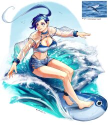 Rule 34 | 1girl, absurdres, bare legs, barefoot, bird, blue eyes, blue hair, blue shorts, breasts, cleavage, highres, large breasts, long hair, navel, original, see-through, see-through sleeves, semmya ori, shadow, shorts, smile, solo, surfing, twitter username