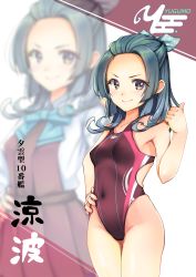 Rule 34 | absurdres, aqua bow, aqua bowtie, bow, bowtie, breasts, brown eyes, collarbone, competition swimsuit, cowboy shot, forehead, gradient hair, green hair, hand on own hip, highleg, highleg swimsuit, highres, kantai collection, medium hair, multicolored clothes, multicolored hair, multicolored swimsuit, one-piece swimsuit, polka dot, polka dot ribbon, purple one-piece swimsuit, ribbon, small breasts, smile, suzunami (kancolle), swimsuit, yashin (yasinz), zoom layer