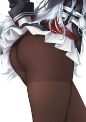 Rule 34 | 1girl, absurdres, ass, azur lane, black pantyhose, blue hair, close-up, cross, from side, graf zeppelin (azur lane), highres, iron cross, long hair, pantyhose, pleated skirt, rinrin kai, skirt, solo, thighband pantyhose, very long hair, white background, white skirt