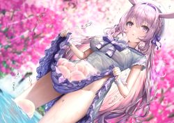 Rule 34 | 1girl, absurdres, animal ears, blurry, bow, braid, breasts, depth of field, dress, flower, food, frills, fruit, fujisaki eru, hair between eyes, hair ribbon, hairband, hat, highres, indie virtual youtuber, lifting own clothes, long hair, looking at viewer, medium breasts, no panties, open mouth, partially submerged, peach, pink eyes, pink hair, rabbit ears, ribbon, solo, sunlight, thighs, tomomo mimiko, very long hair, virtual youtuber, wading, white dress, white headwear, wristband