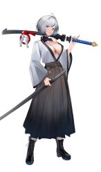 Rule 34 | 1girl, absurdres, ahoge, between breasts, black footwear, black hakama, blue eyes, blue hair, boots, breasts, cleavage, eugle na, full body, grey hair, hakama, highres, holding, holding sword, holding weapon, japanese clothes, katana, kimono, knee boots, large breasts, looking at viewer, multicolored hair, open clothes, open kimono, parted lips, pinky out, short hair, simple background, solo, standing, streaked hair, sword, two-tone hair, weapon, white background, white kimono