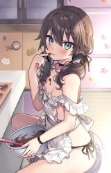 Rule 34 | 1girl, absurdres, ahoge, apron, aqua eyes, ayaoshiro, braid, breasts, brown hair, chocolate, chocolate on body, chocolate on breasts, chocolate on face, chocolate on hand, choker, earrings, ebi frion (natsuiro matsuri), food, food on body, food on face, food on hand, french braid, highres, hololive, jewelry, looking at viewer, low twintails, matsurisu, medium hair, naked apron, natsuiro matsuri, panties, sitting, small breasts, smile, solo, string panties, tongue, tongue out, twintails, underwear, virtual youtuber