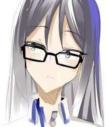Rule 34 | 1girl, alice gear aegis, black-framed eyewear, blue eyes, blush, closed mouth, collared shirt, doko tetora, glasses, grey hair, looking to the side, momoshina fumika, portrait, shirt, simple background, solo, upper body, white background, wide-eyed, wing collar