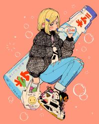 Rule 34 | 1girl, blonde hair, blush, bubble, crisalys, denim, english text, jacket, jeans, looking at viewer, orange background, original, pants, ramune, shoes, solo, torn clothes, torn jeans