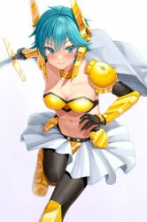 Rule 34 | aqua eyes, aqua hair, armor, bikini armor, black gloves, black pantyhose, breasts, cape, commission, elbow gloves, fighting stance, gloves, gold armor, highres, holding, holding sword, holding weapon, navel, pantyhose, px-tea, rance (series), short hair, simple background, skeb commission, skirt, smile, sword, weapon, white background, white cape, white skirt, yellow armor, yulang mirage