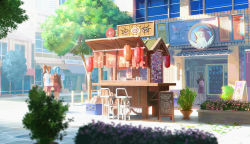Rule 34 | absurdres, building, city, colorful, day, fantasy, flag, flower, flower pot, highres, kevin gnutzmans, leaf, league of legends, outdoors, people, plant, potted plant, restaurant, road, scenery, sign, star guardian (league of legends), sticker, street, sunlight, tree, vending cart, walking
